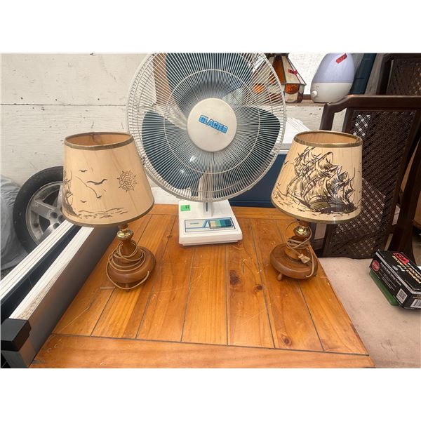 Pair of Vintage Decorative Table Lamps with Sailing Ship Shades and Glacier Table Fan