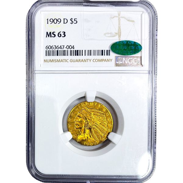 1909-D CAC $5 Gold Half Eagle NGC MS63