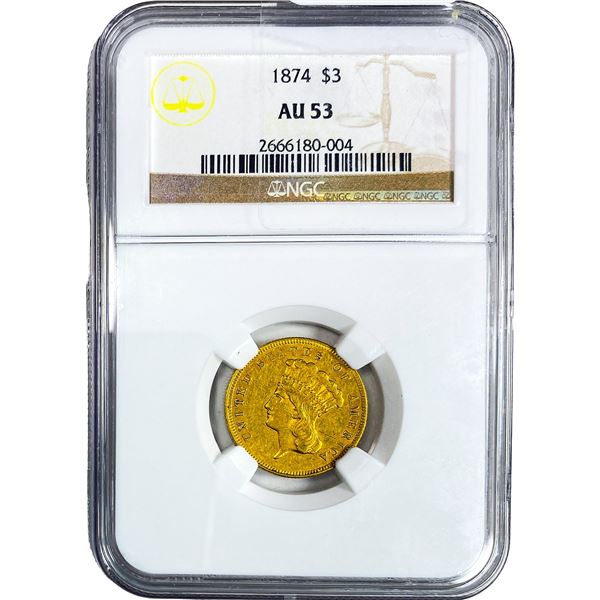 1874 $3 Gold Piece NGC AU53
