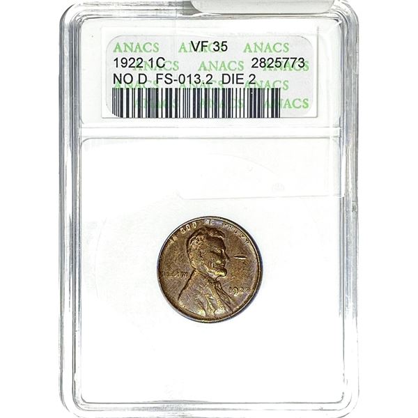 1922 No D Wheat Cent ANACS VF35