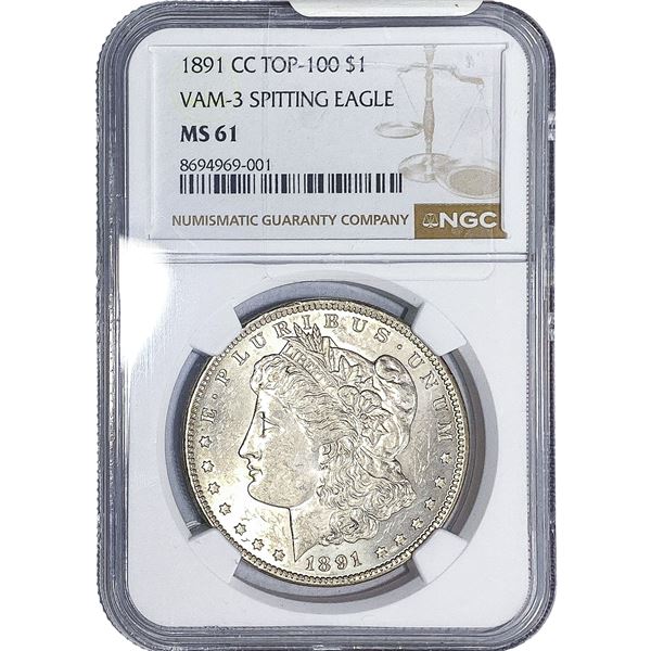 1891-CC Morgan Silver Dollar NGC MS61 Spitting Eagle VAM-3