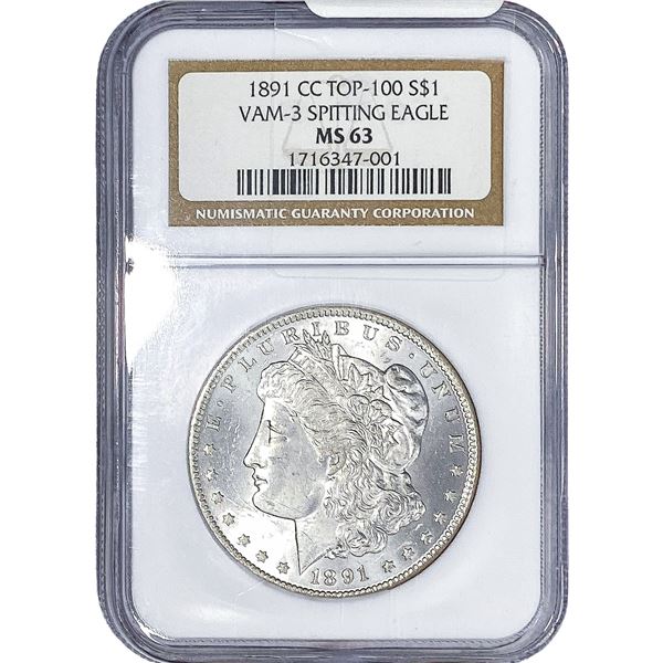 1891-CC Morgan Silver Dollar NGC MS63 Spitting Eagle VAM-3