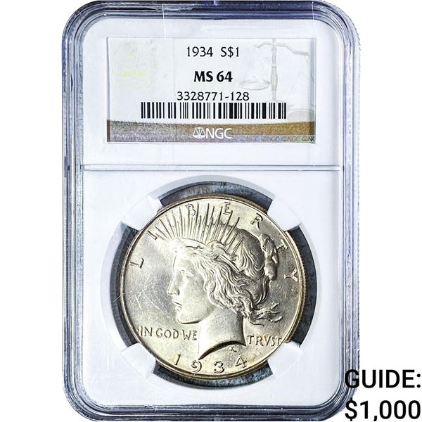 1934 Silver Peace Dollar NGC MS64