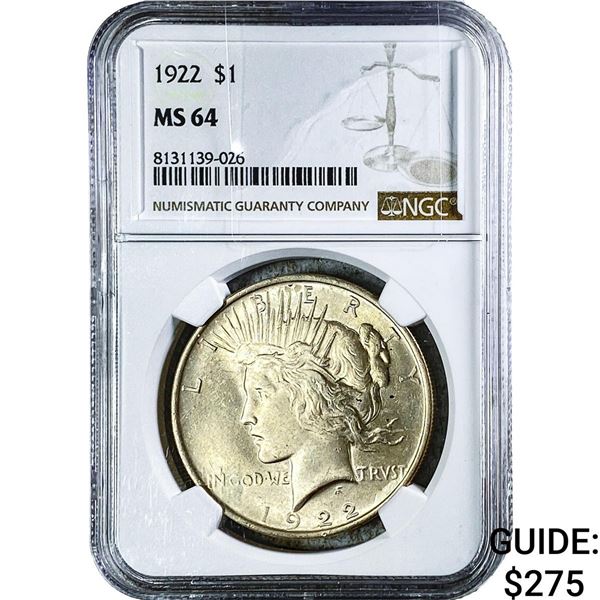 1922 Silver Peace Dollar NGC MS64