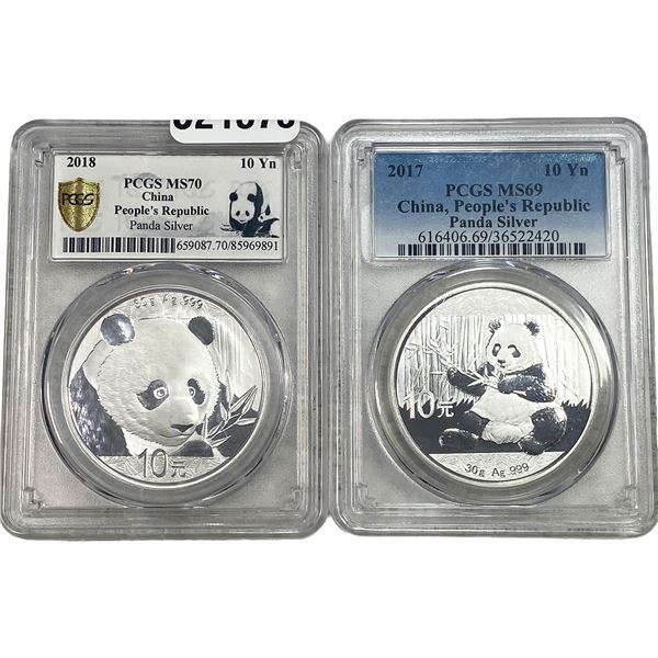 [2 Coins] 2017-2018 Silver China Panda 10Yn PCGS MS69-70