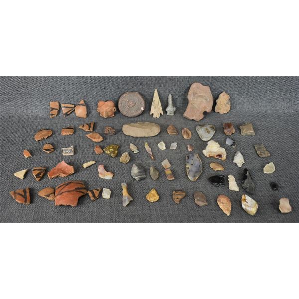 GROUP OF POTTERY AND STONE PIECES