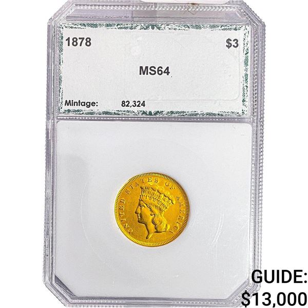 1878 $3 Gold Piece PCI MS64