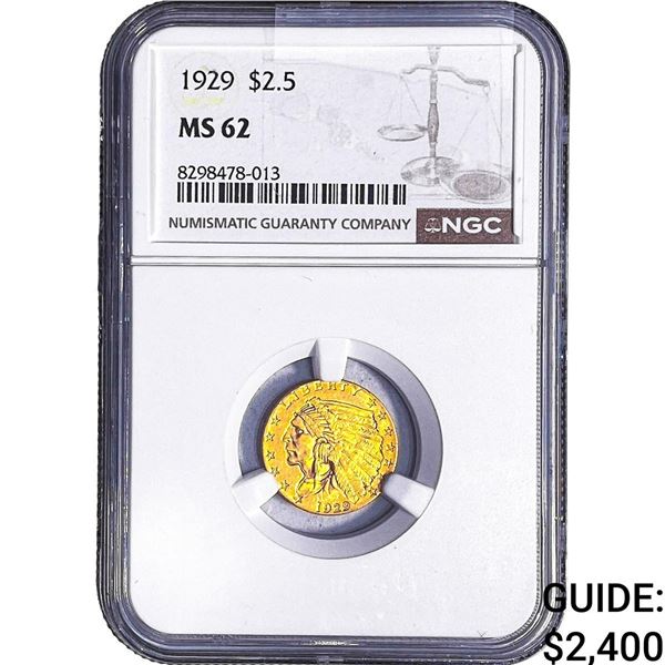 1929 $2.50 Gold Quarter Eagle NGC MS62