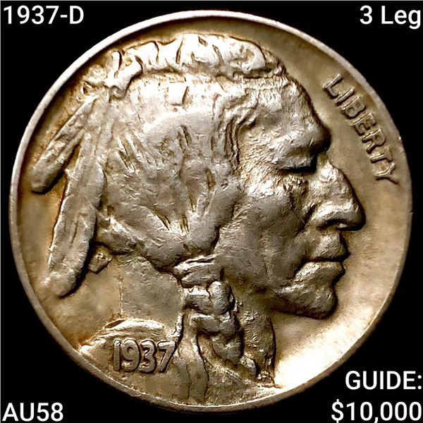 1937-D 3 Leg Buffalo Nickel CHOICE AU