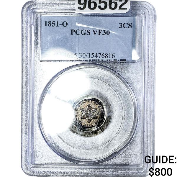 1851-O Silver Three Cent PCGS VF30