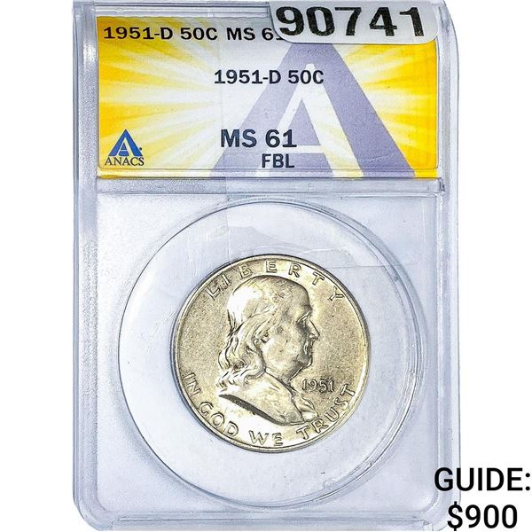 1951-D Franklin Half Dollar ANACS MS61 FBL