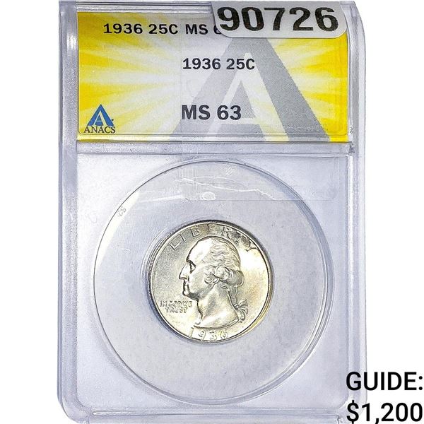 1936 Washington Silver Quarter ANACS MS63