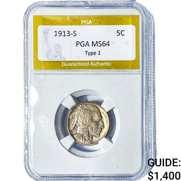 1913-S Buffalo Nickel PGA MS64 Type 1