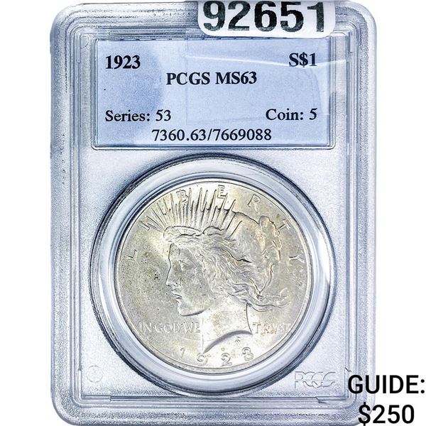 1923 Silver Peace Dollar PCGS MS63