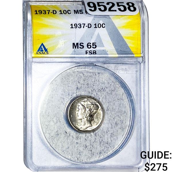 1937-D Mercury Silver Dime ANACS MS65 FSB