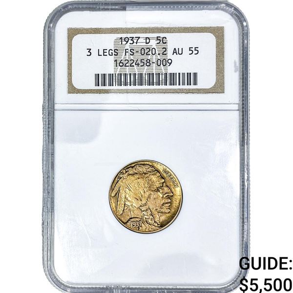 1937-D Buffalo Nickel NGC AU55 3 Legs FS-020.2