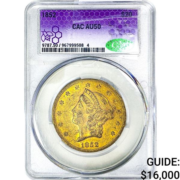 1852 $20 Gold Double Eagle CAC AU50
