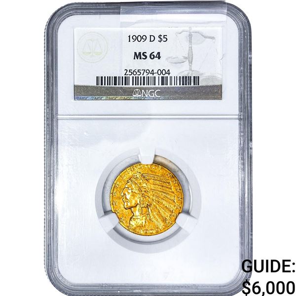 1909-D $5 Gold Half Eagle NGC MS64