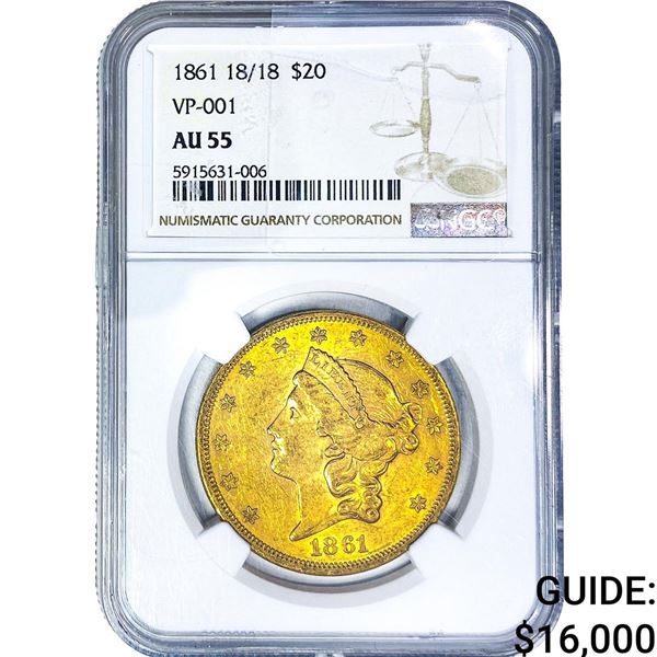 1861 18/18 $20 Gold Double Eagle NGC AU55 VP-001