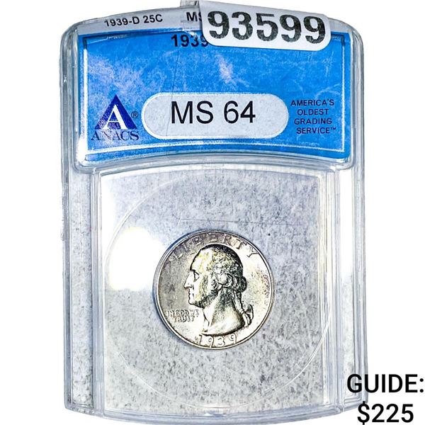 1939-D Washington Silver Quarter ANACS MS64