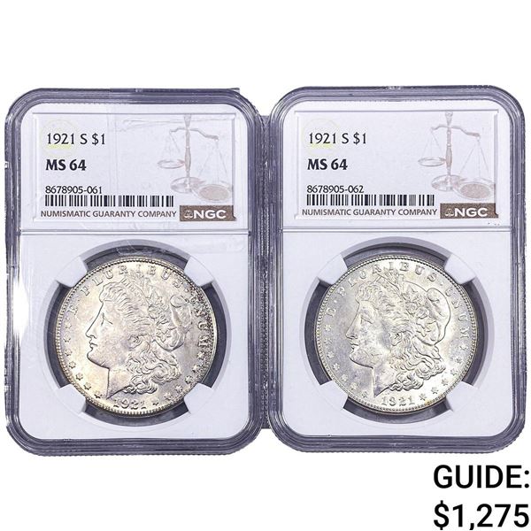 [2 Coins] 1921-S Morgan Silver Dollar NGC MS64