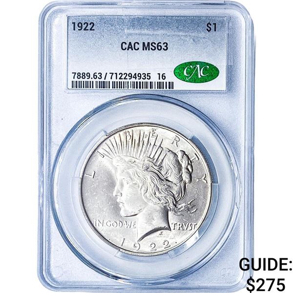 1922 Silver Peace Dollar CAC MS63