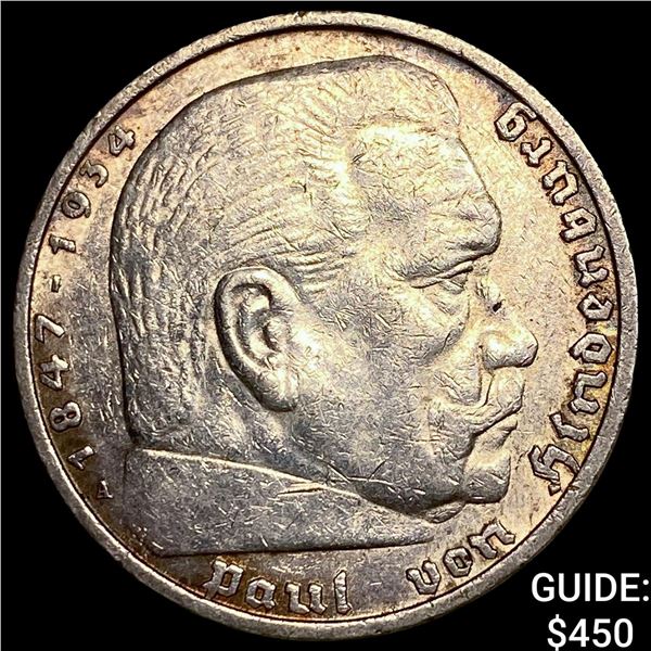 1936-A Germany Silver 5 Reichsmark CHOICE BU