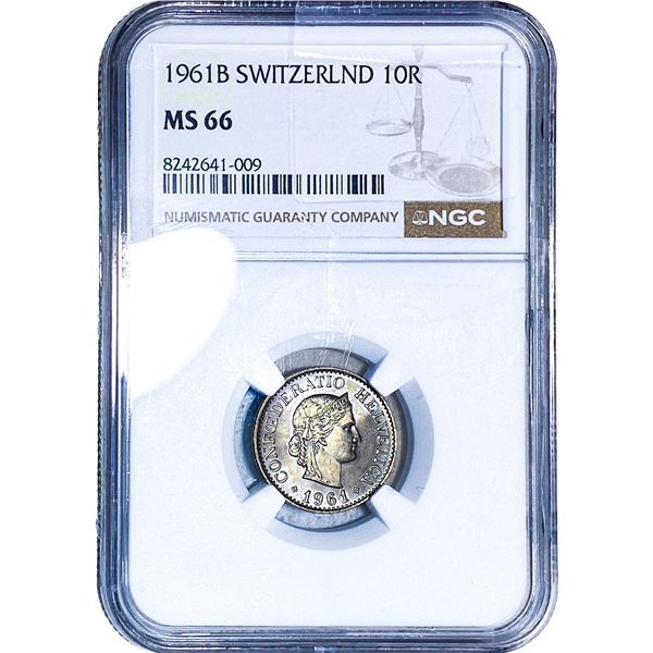 1961B Switzerland Copper Nickel 10 Rappen NGC MS66