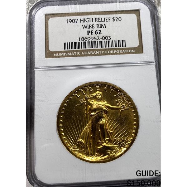 1907 Gold $20 Double Eagle HR Wire Rim NGC PF62