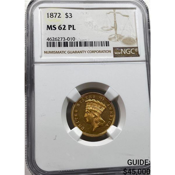 1872 $3 Gold Piece NGC MS62 PL