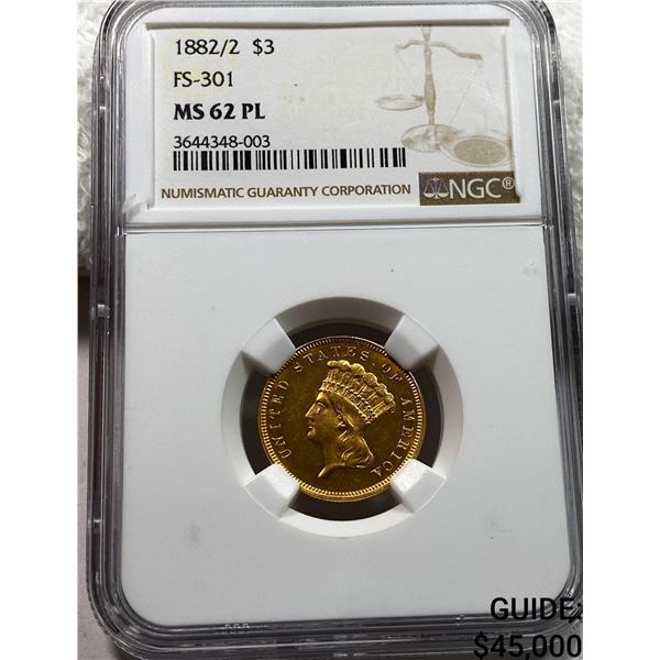 1882/2 $3 Gold Piece FS-301 NGC MS62 PL