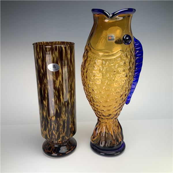 2pc Blenko Glass Amber Handmade Fish Vase & Maestri Vetrai Italian Art Glass Vase