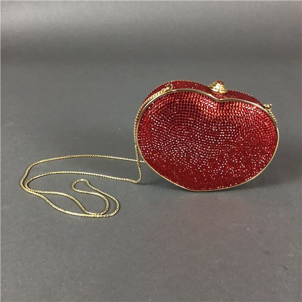 Judith Leiber Rhinestone Red Heart Minaudiere Bag with Gold Chain