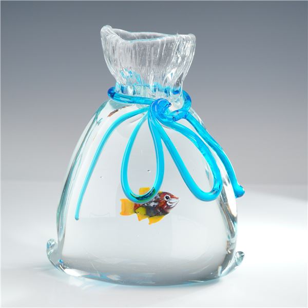 Aldo Scagnetti Murano Art Glass Fish in a Bag Sculpture, Signed