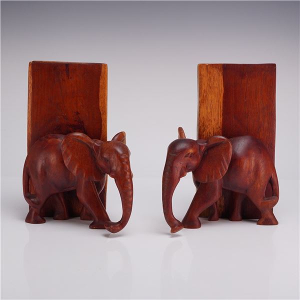 Set of 2 Hand-Carved Wooden Elephant Bookends