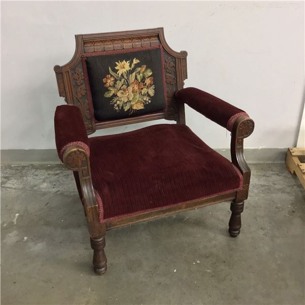 Victorian Eastlake Carved Walnut Floral Velvet Parlor Armchair