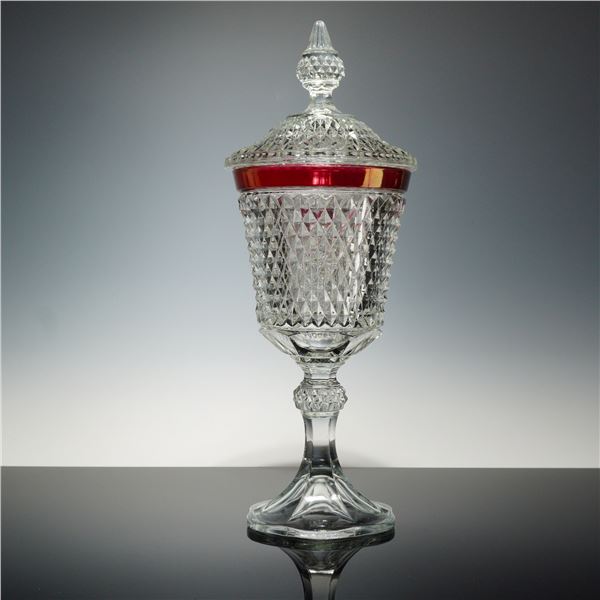 Indiana Glass Diamond Point Ruby Flash Tall Compote Dish with Lid