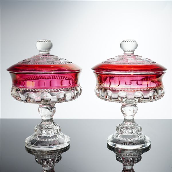 Pair of Indiana Glass Ruby-Stained Covered Candy Dishes, King's Crown Pattern
