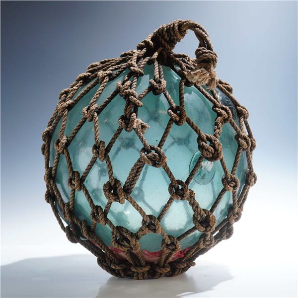 Vintage Blue Glass Fishing Buoy with Jute Netting