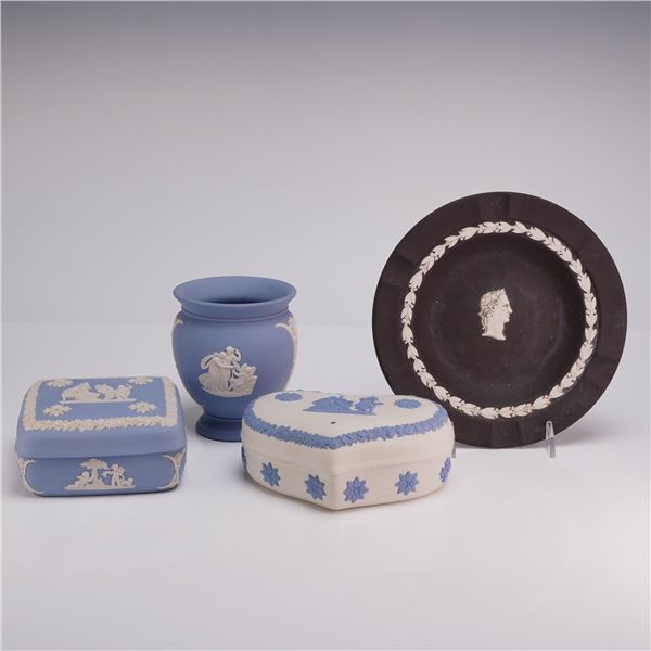 4pc Wedgwood Jasperware Lidded Boxes, Vase and Plate