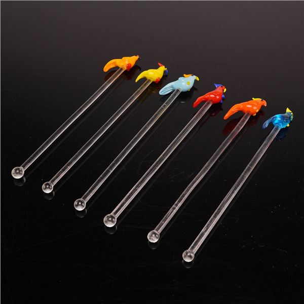 A Set of 6 Hand-Blown Glass Parrot Swizzle Sticks Cocktail Stirrers