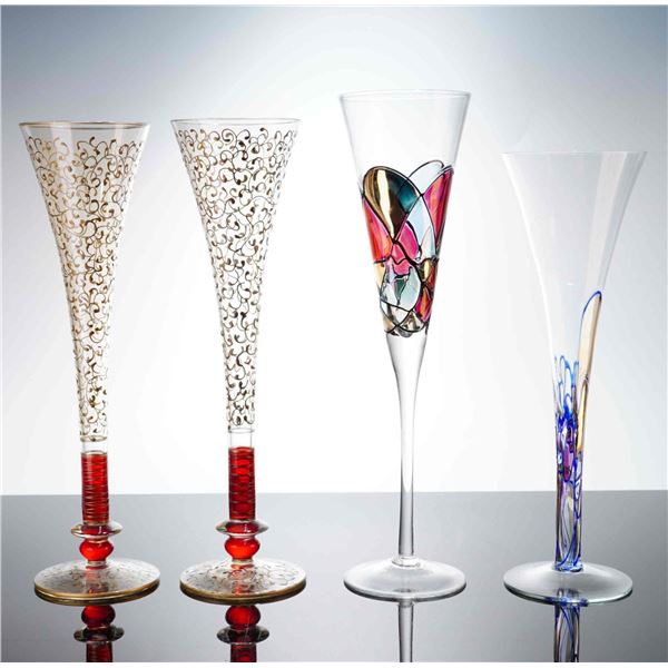 4pc Decorative Art Glass Champagne Flutes, Ruby Stem, Czech Style Vase & Stained Glass Design