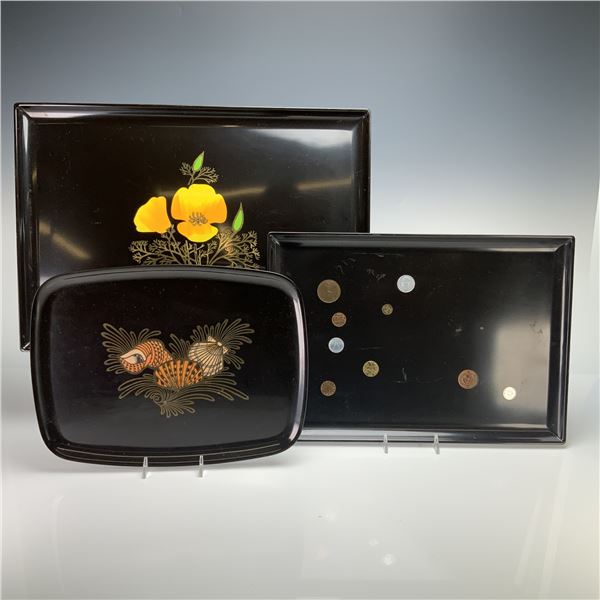 Three Couroc of Monterey Black Lacquer Style Serving Trays with Inlaid Shells, Coins, and Floral Des