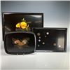 Image 1 : Three Couroc of Monterey Black Lacquer Style Serving Trays with Inlaid Shells, Coins, and Floral Des