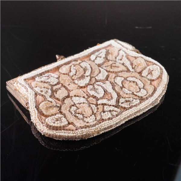 French Beaded Floral Rose Motif Evening Bag with Finger Strap