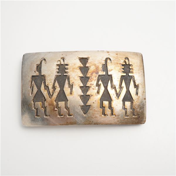 Hopi Crafts Silver Overlay Belt Buckle with Katsina Figures