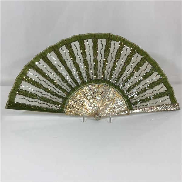 Mother of Pearl and Green Silk Hand Fan with Lace Gauze and Silver Sequins