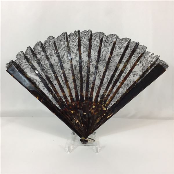 Large Antique Victorian Black Lace and Celluloid Folding Hand Fan