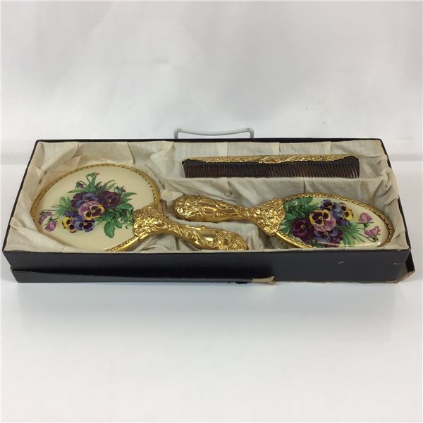 3pc Gold-Toned Metal Antique Dresser Set with Pansy Motif
