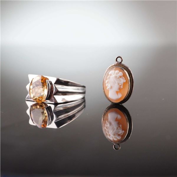 2pc Jewelry Pieces, Sterling Silver Citrine Gemstone Ring and Shell Cameo Pendant
